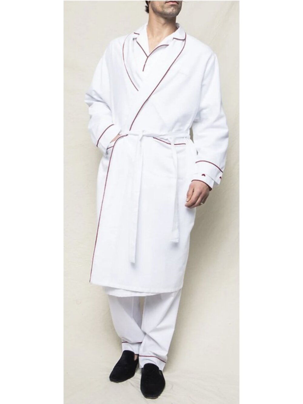 PETITE PLUME White Flannel Robe With Red Piping L / XL Cotton Flannel Lounge
